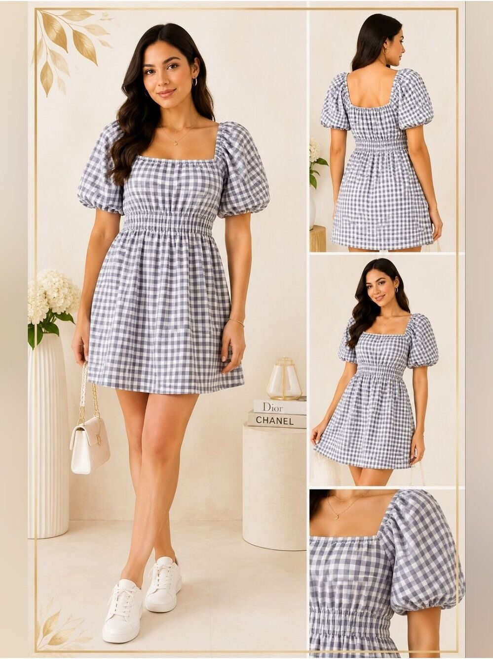 MIMOSA | Gingham Dress | Gray and White | Size M - Picture 1 of 10